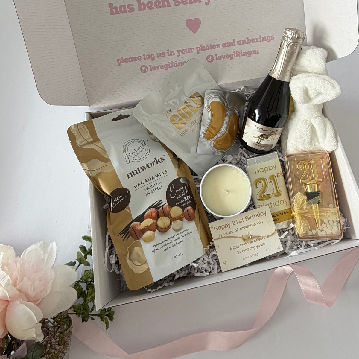 21st birthday gift box for her with pamper treats, chocolate, candle and keepsake bracelet Australia