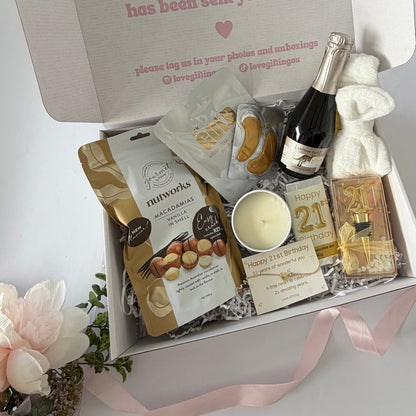 21st birthday gift box for her with pamper treats, chocolate, candle and keepsake bracelet Australia