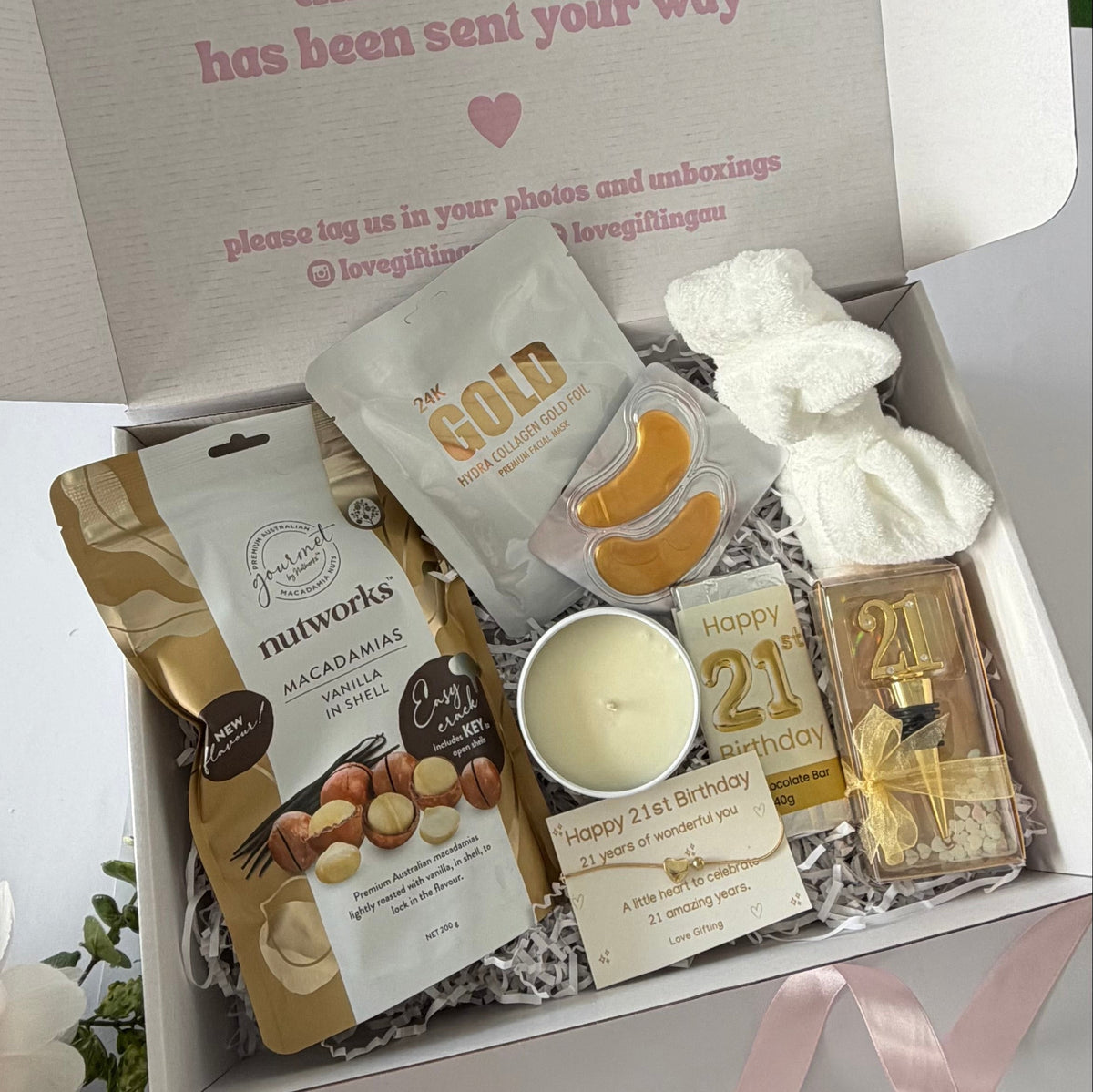 21st birthday gift box for her with pamper treats, chocolate, candle and keepsake bracelet Australia