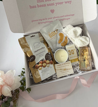 30th birthday gift box for her with pamper treats, chocolate, candle and keepsake bracelet Australia