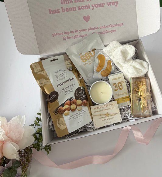 30th birthday gift box for her with pamper treats, chocolate, candle and keepsake bracelet Australia