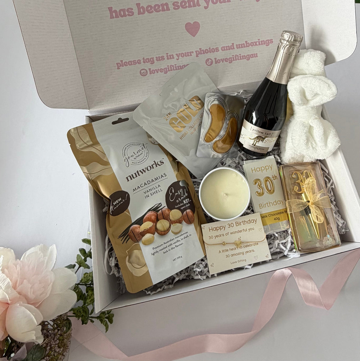 30th birthday gift box for her with pamper treats, chocolate, candle and keepsake bracelet, prosecco Australia