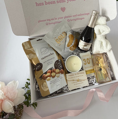 30th birthday gift box for her with pamper treats, chocolate, candle and keepsake bracelet, prosecco Australia