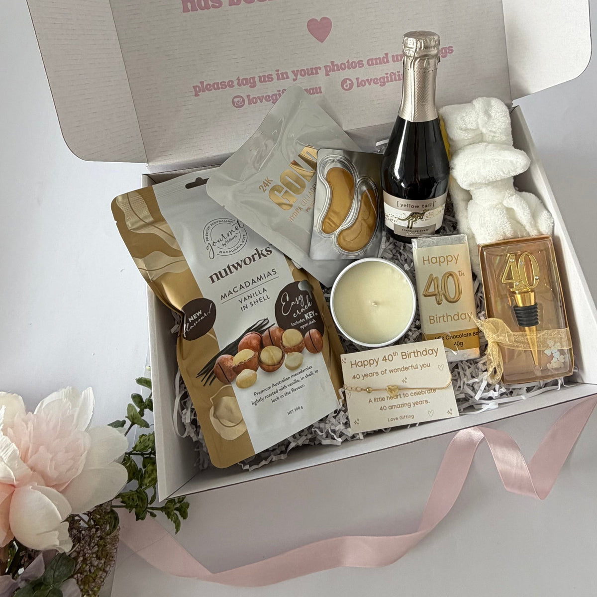 40th birthday gift box for her with pamper treats, chocolate, candle and keepsake bracelet , Prosecco Australia