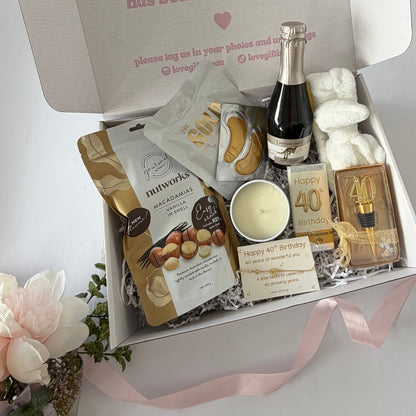 40th birthday gift box for her with pamper treats, chocolate, candle and keepsake bracelet , Prosecco Australia