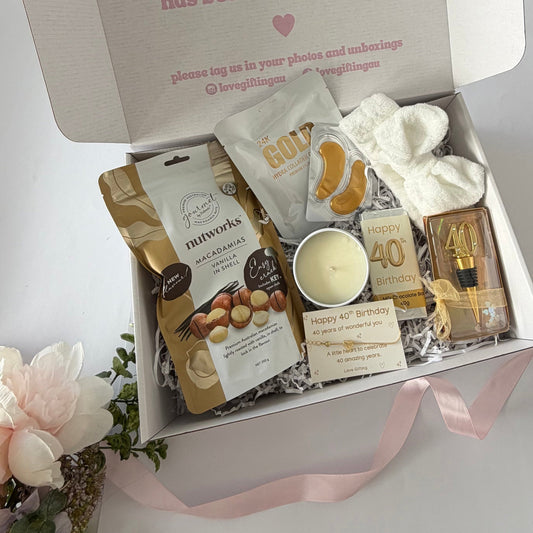 40th birthday gift box for her with pamper treats, chocolate, candle and keepsake bracelet Australia