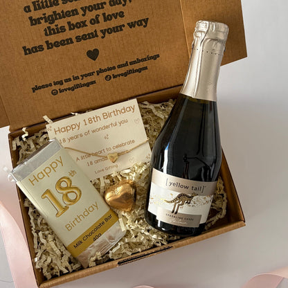 18th  birthday gift box for her with sparkling wine, chocolate, bracelet Australia