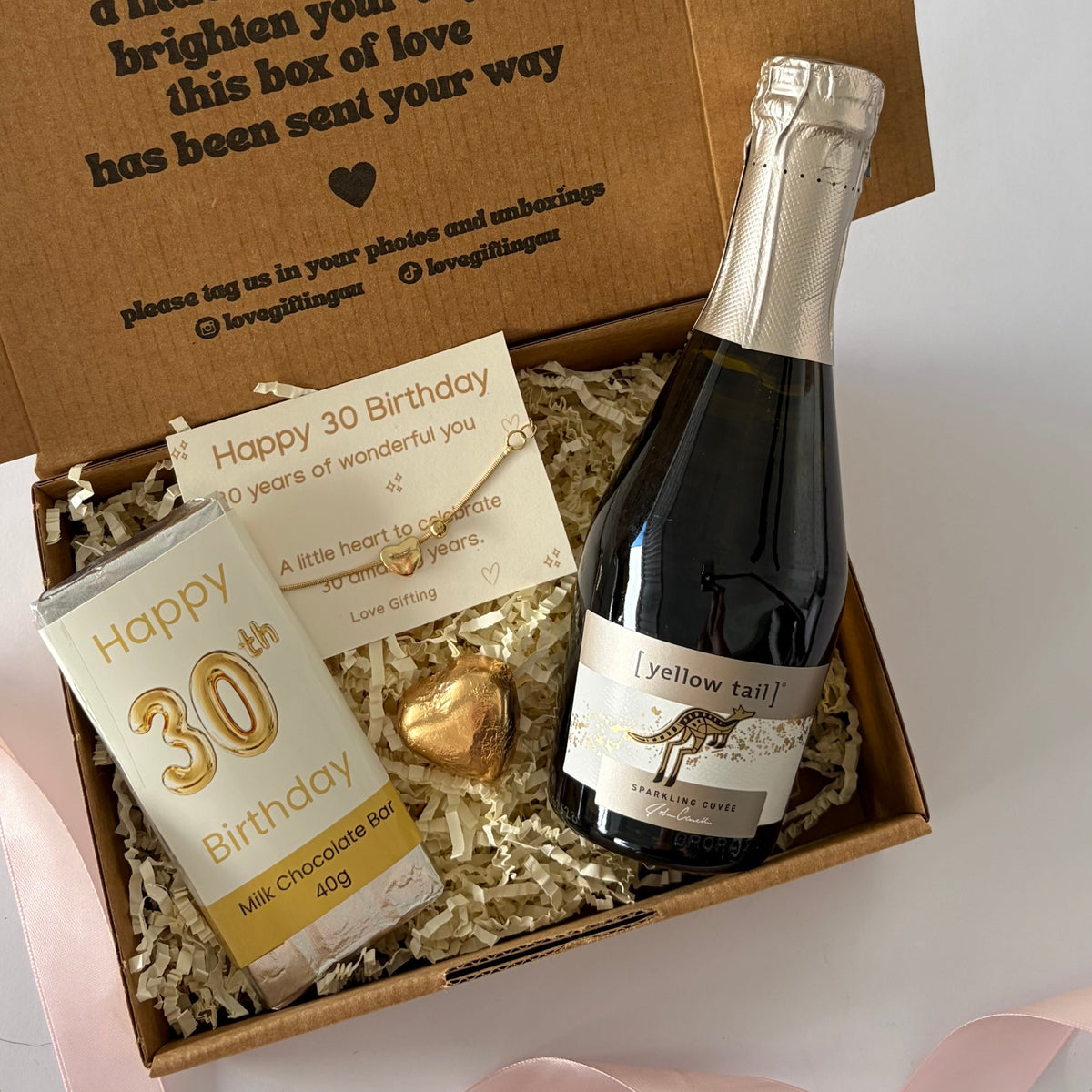 30th birthday gift box for her with sparkling wine, chocolate, bracelet Australia