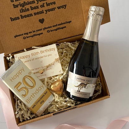50th birthday gift box for her with sparkling wine, chocolate, bracelet Australia