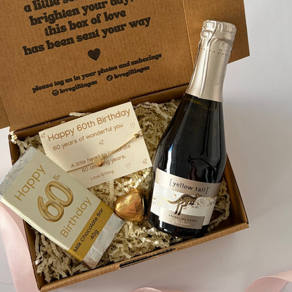 60th birthday gift box for her with sparkling wine, chocolate, bracelet and wine stopper Australia