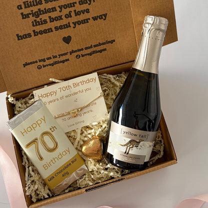 70th birthday gift box for her with sparkling wine, chocolate, bracelet Australia
