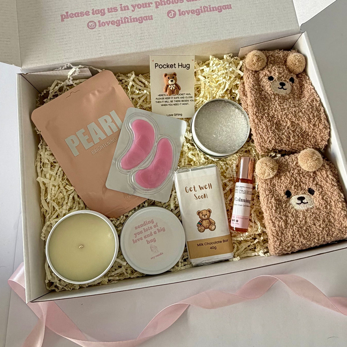 Get Well Soon care package with bear socks, Pocket Hug, Korean skincare and pamper treats Australia