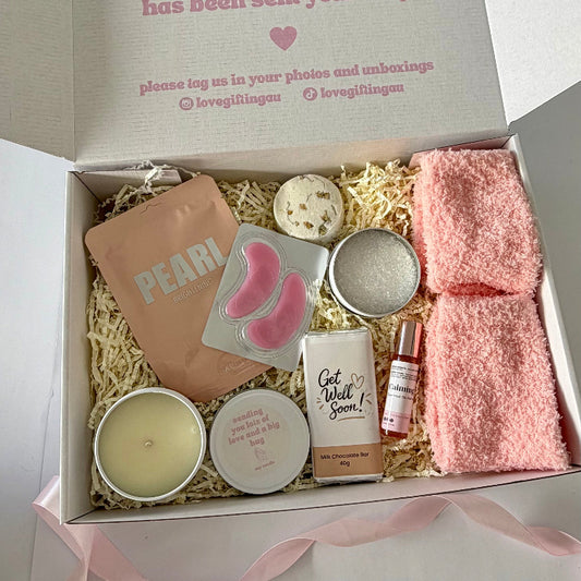 Pamper Get Well Soon gift box with cosy socks, skincare, candle, chocolate and calming self-care gifts
