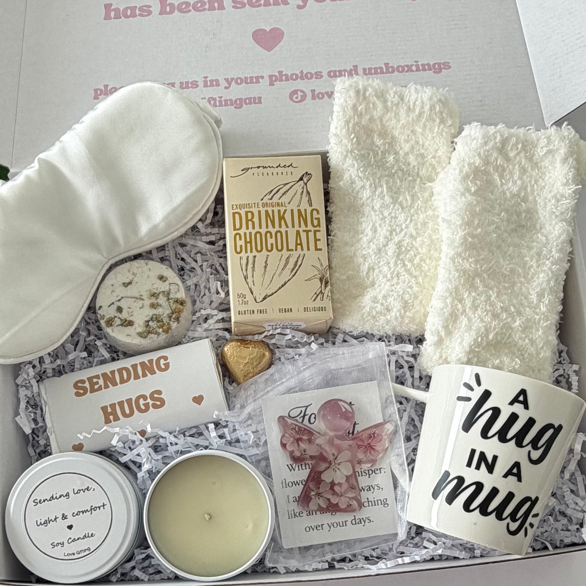 Sending Love & Light sympathy gift box with comforting mug, soy candle, cosy socks, chocolates and thoughtful gifts by Love Gifting