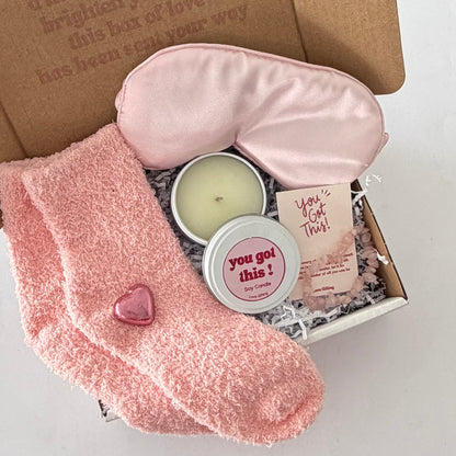 Send comfort with our You've Got This gift box. Featuring cosy socks, Japanese Honeysuckle candle, sleep mask and rose quartz bracelet. Australia-wide delivery.