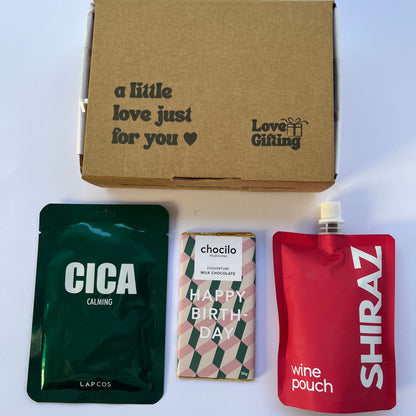 Gift box for Men or Women including Lapcos Facemask Sheet - Cica , Happy Birthday Chocolate Bar and a Shiraz wine pouch.