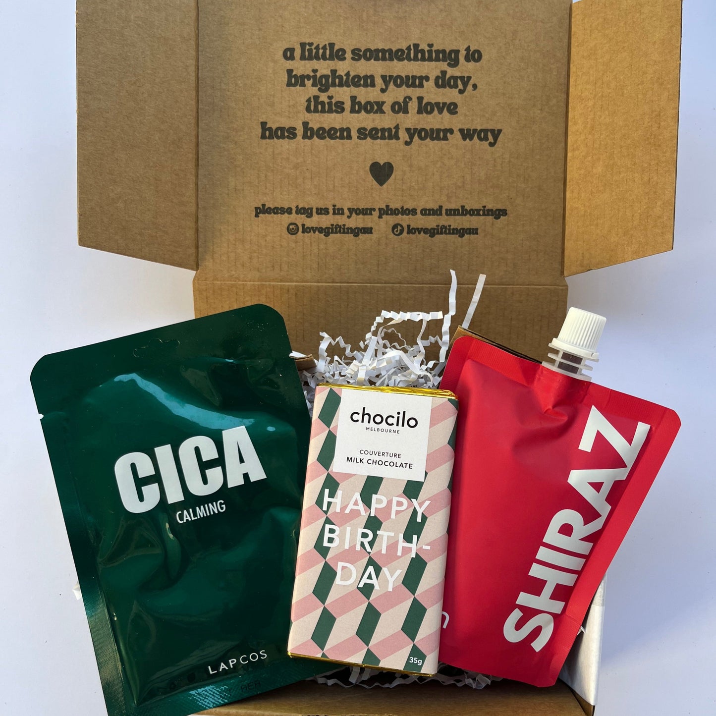 Gift box for Men or Women including Lapcos Facemask Sheet - Cica , Happy Birthday Chocolate Bar and a Shiraz wine pouch.