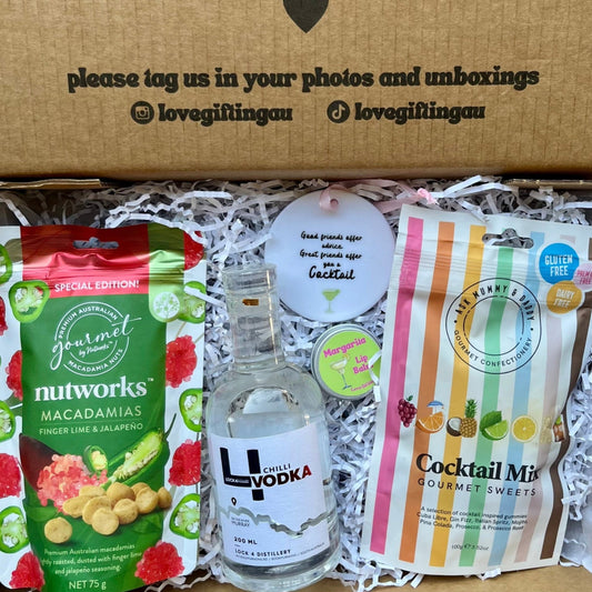 Gift set with nutworks macadamias, Chilli Vodka, and cocktail mix in a box from Lovegiftingau.