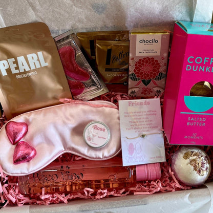 Gift Box with sleep mask, face mask sheet, cookies, chocolate, Rose wine and bath bomb 