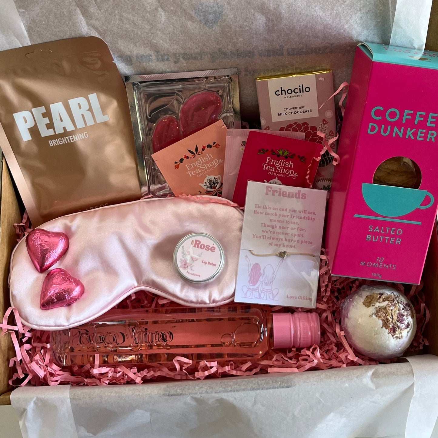 Gift Box with sleep mask, face mask sheet, cookies, chocolate, Rose wine and bath bomb , tea bags, lip balm