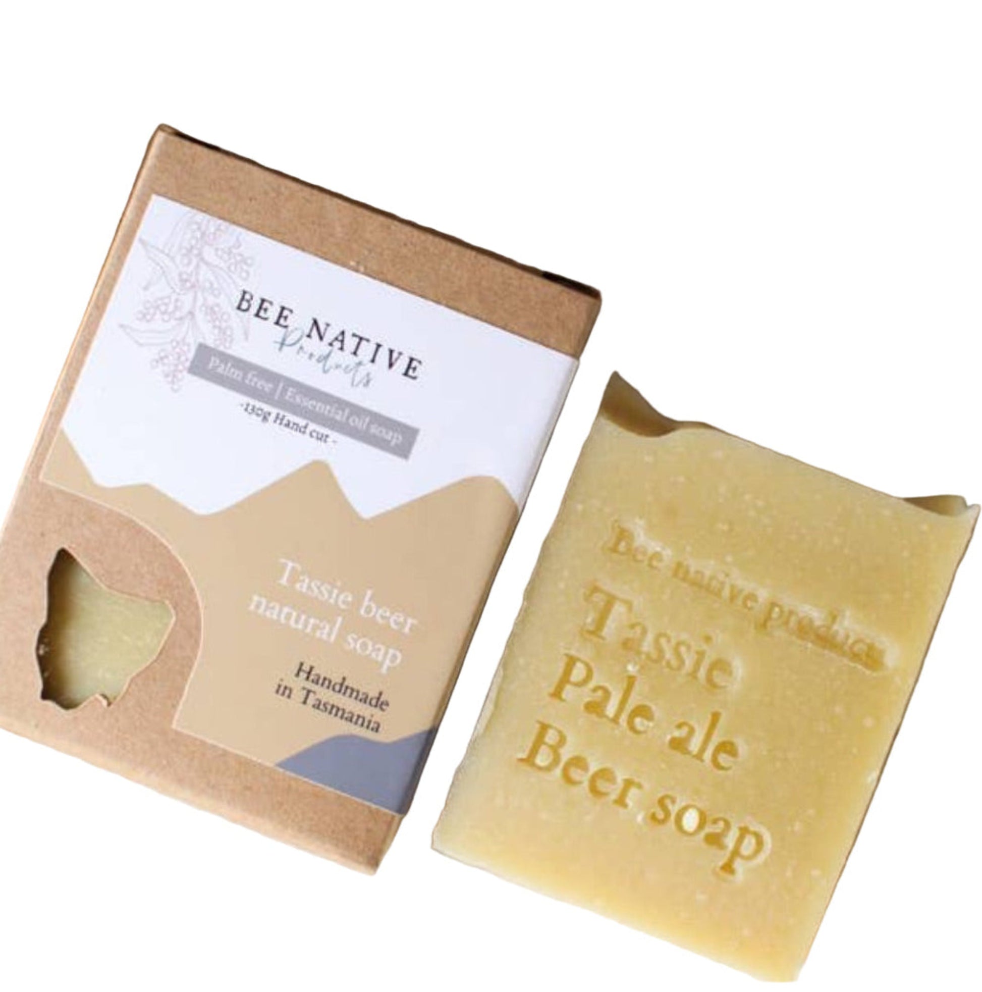 Bee Native Tassie Pale Ale Beer soap with packaging on a rustic surface