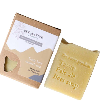 Bee Native Tassie Pale Ale Beer soap with packaging on a rustic surface