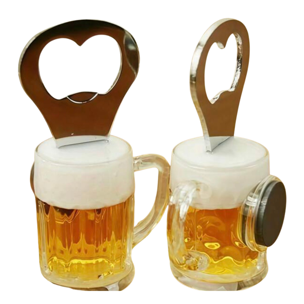 A beer mug bottle openers on a white background, one with a heart-shaped metal opener and the other with a circular metal opener.