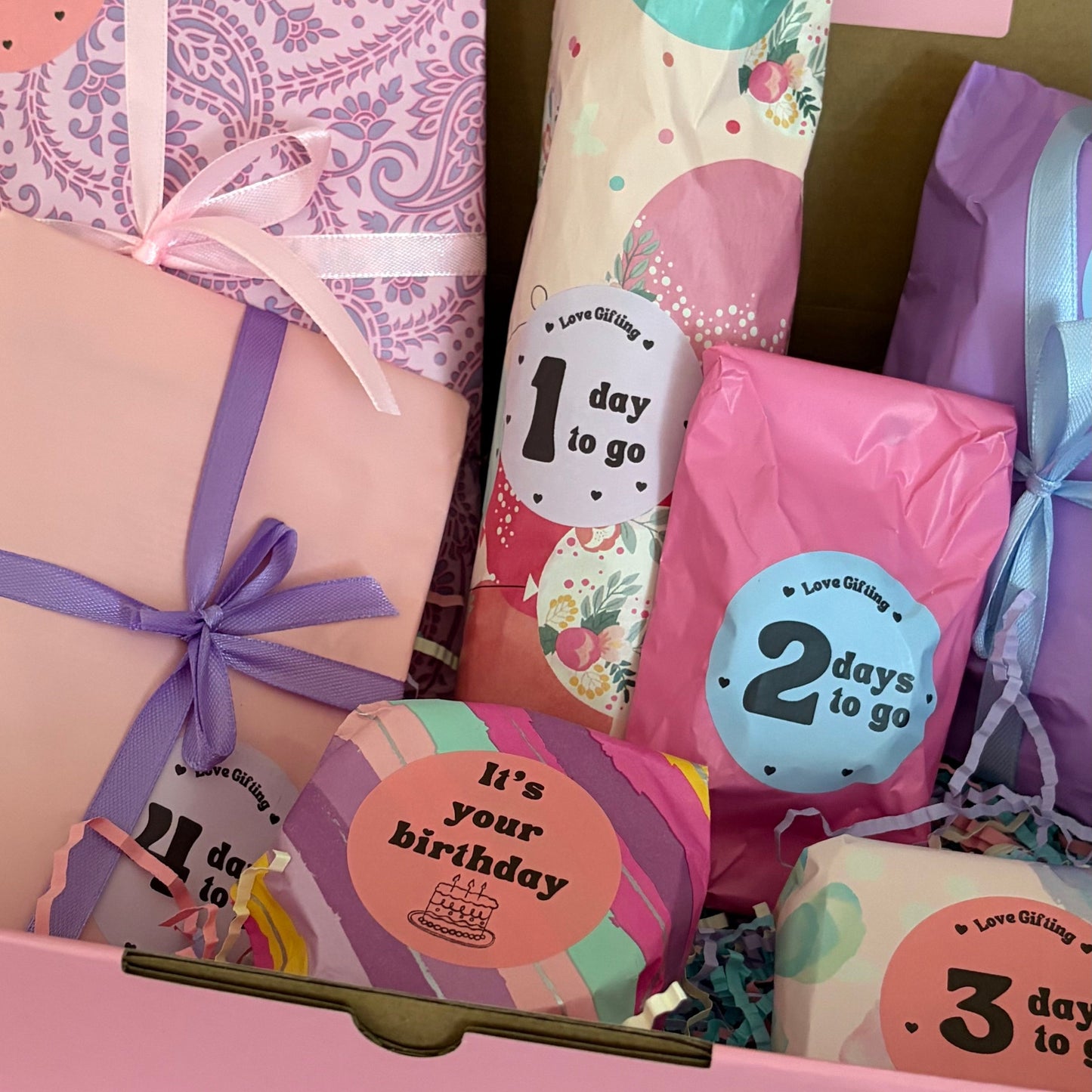 Birthday countdown gift set with pink and purple theme
