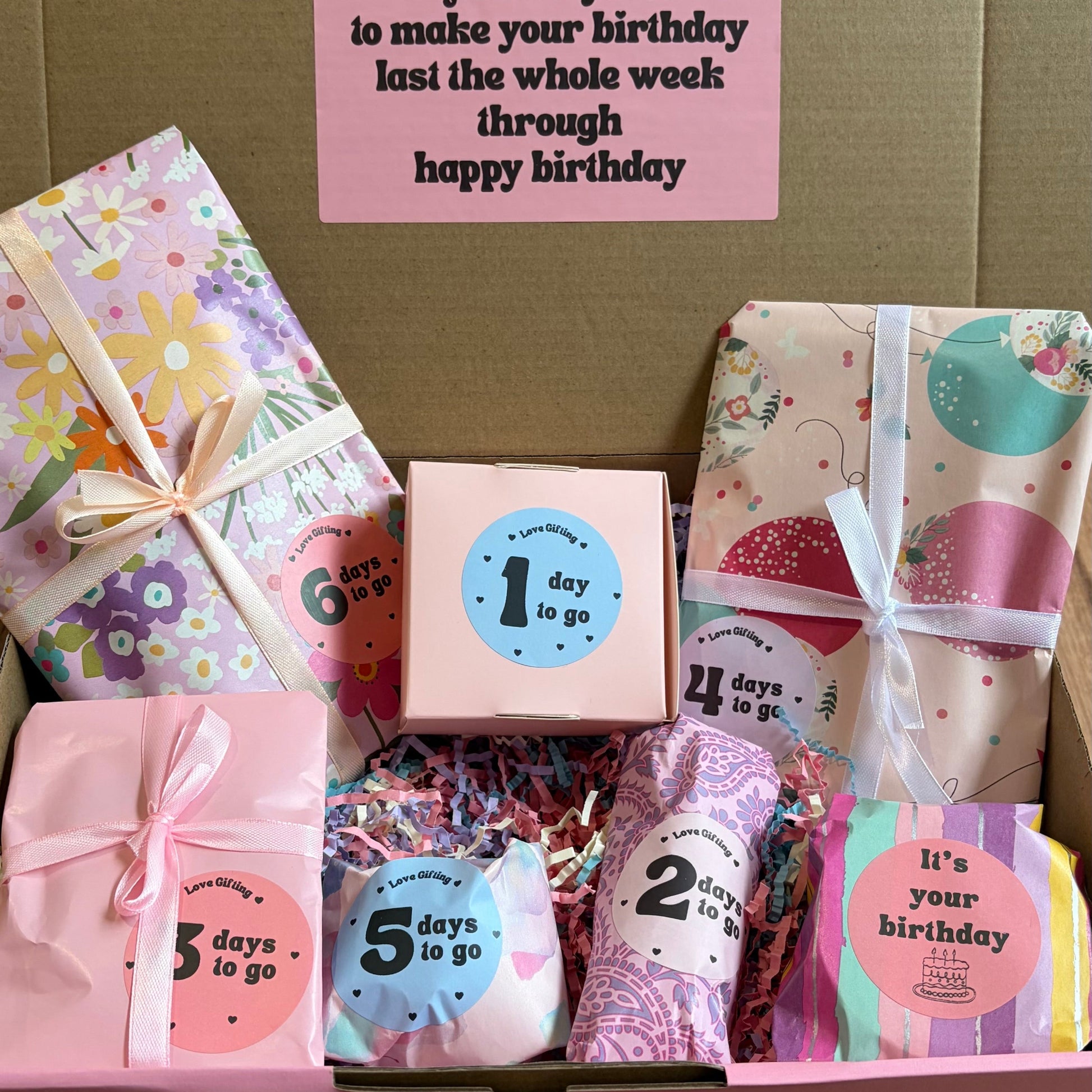 Birthday Gift box with small wrapped gifts and a pink card on a wooden surface