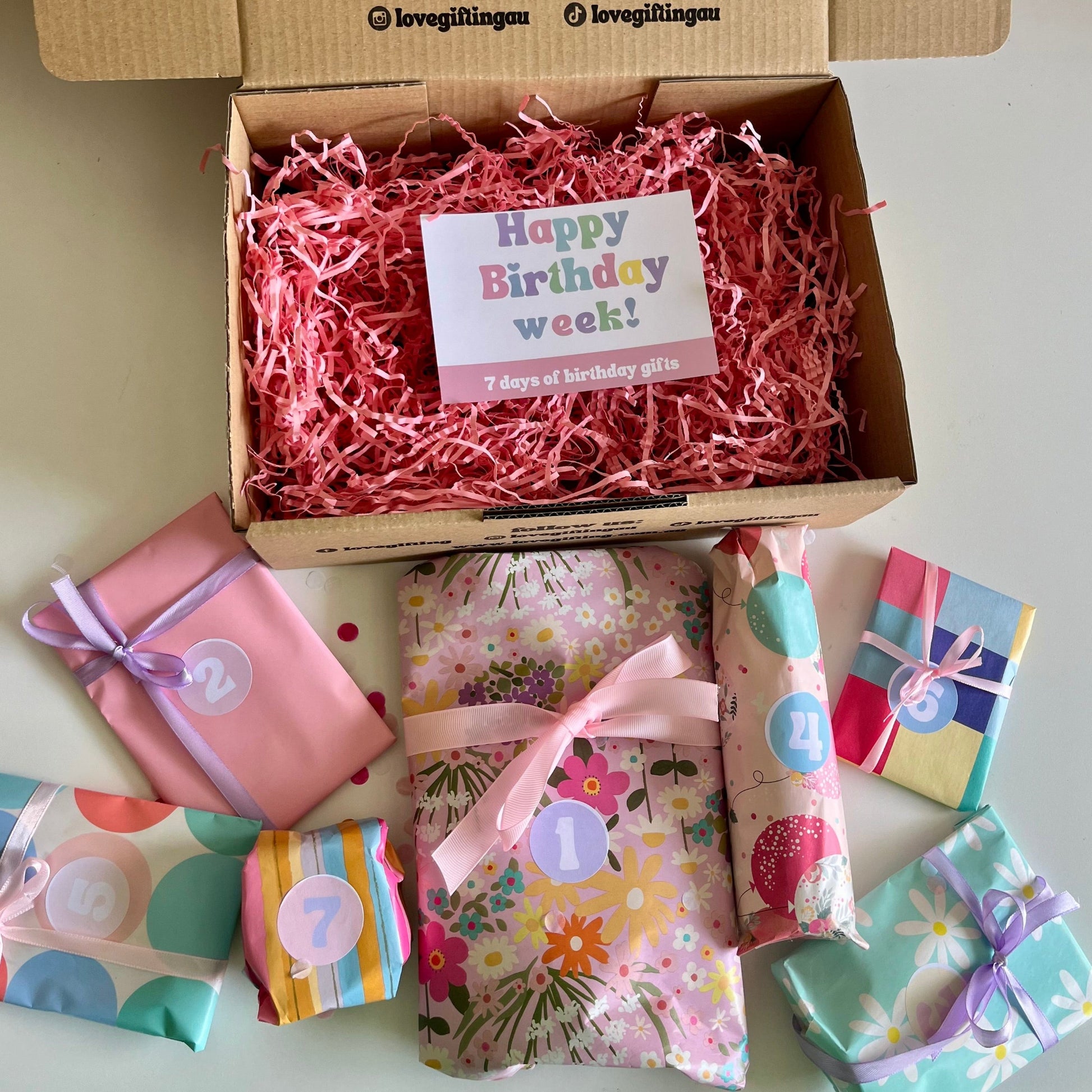 Open box with pink crinkle paper and a 'Happy Birthday week!' card, surrounded by wrapped gifts on a white surface.