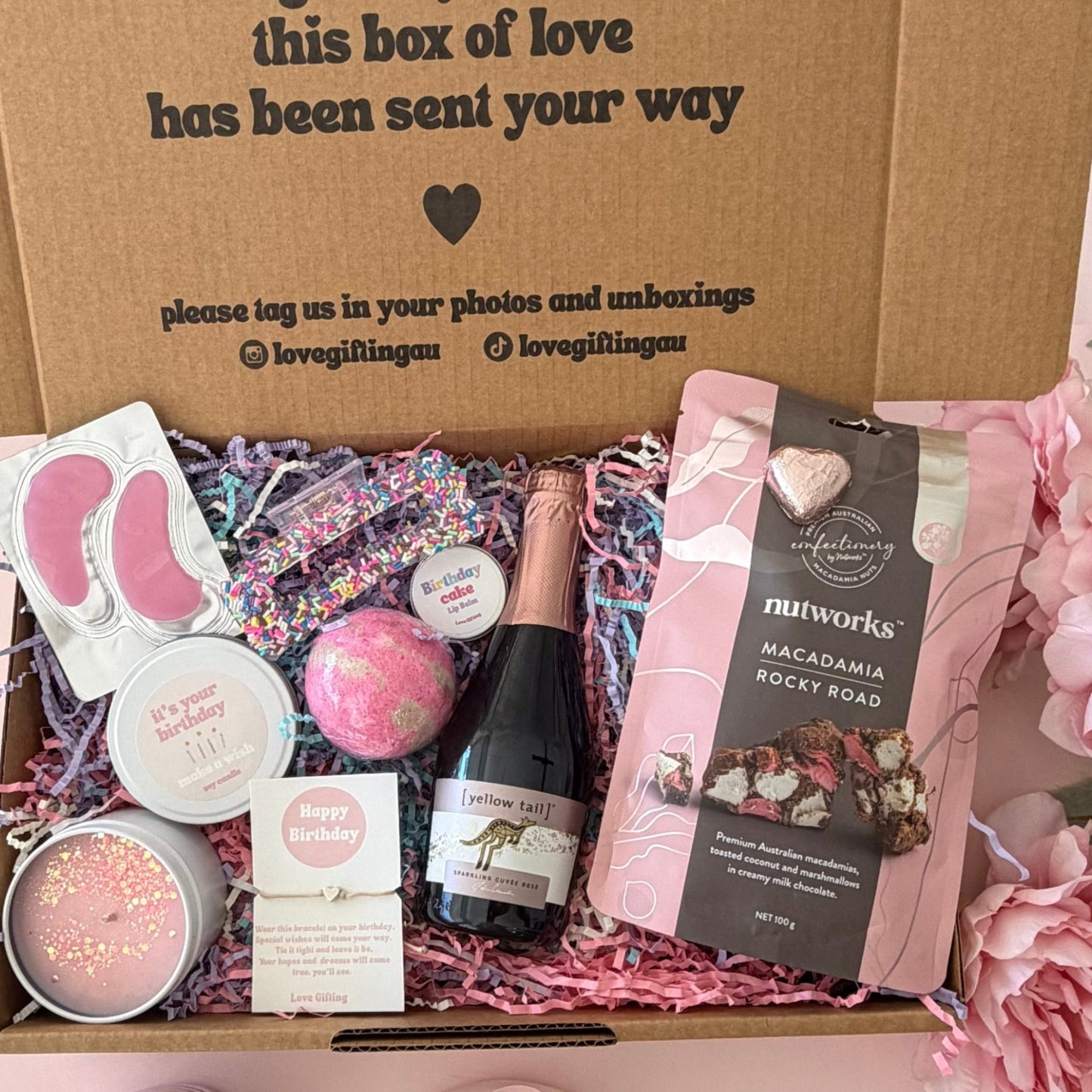 Birthday Gift Box contains Prosecco, rocky road, candle, bracelet, lipbalm , hair clip, bath bomb and eye mask