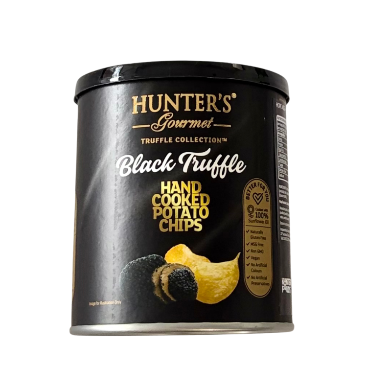 Hunter's Gourmet Black Truffle Hand Cooked Potato Chips in black cylindrical packaging, gourmet savoury snack included in men's Christmas gift boxes.