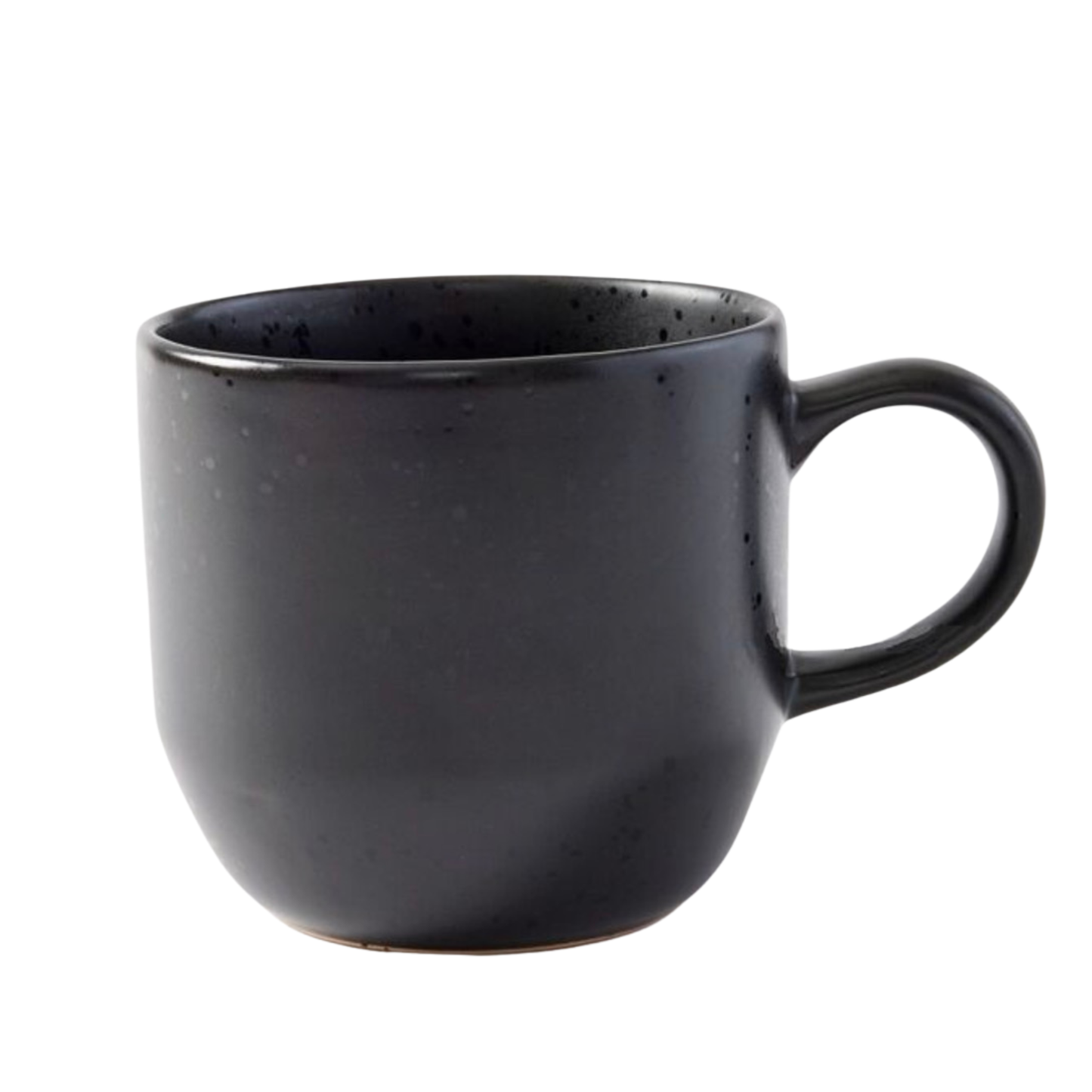 A black ceramic mug with a speckled glaze and a rounded handle, shown on a plain white background.