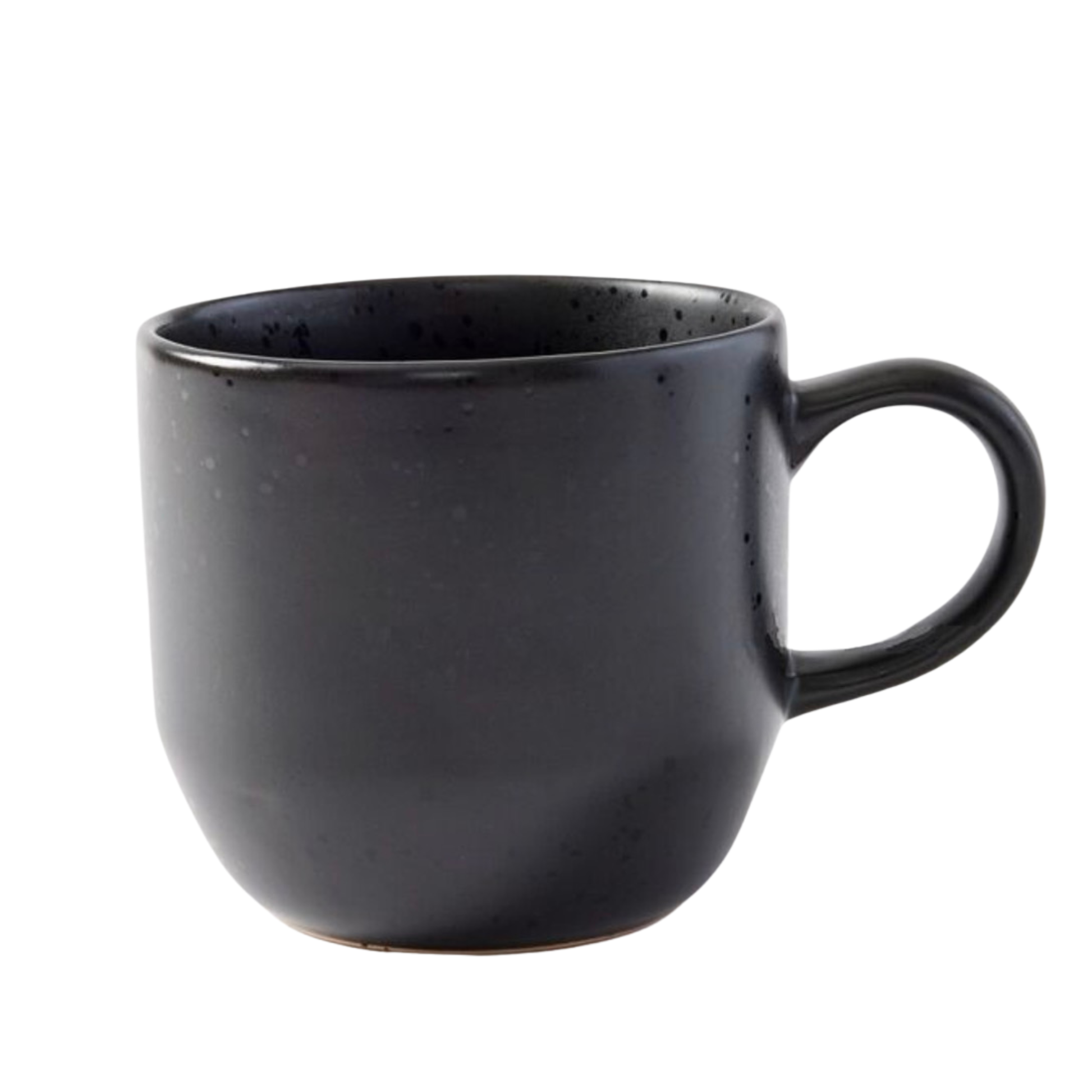 A black ceramic mug with a speckled glaze and a rounded handle, shown on a plain white background.