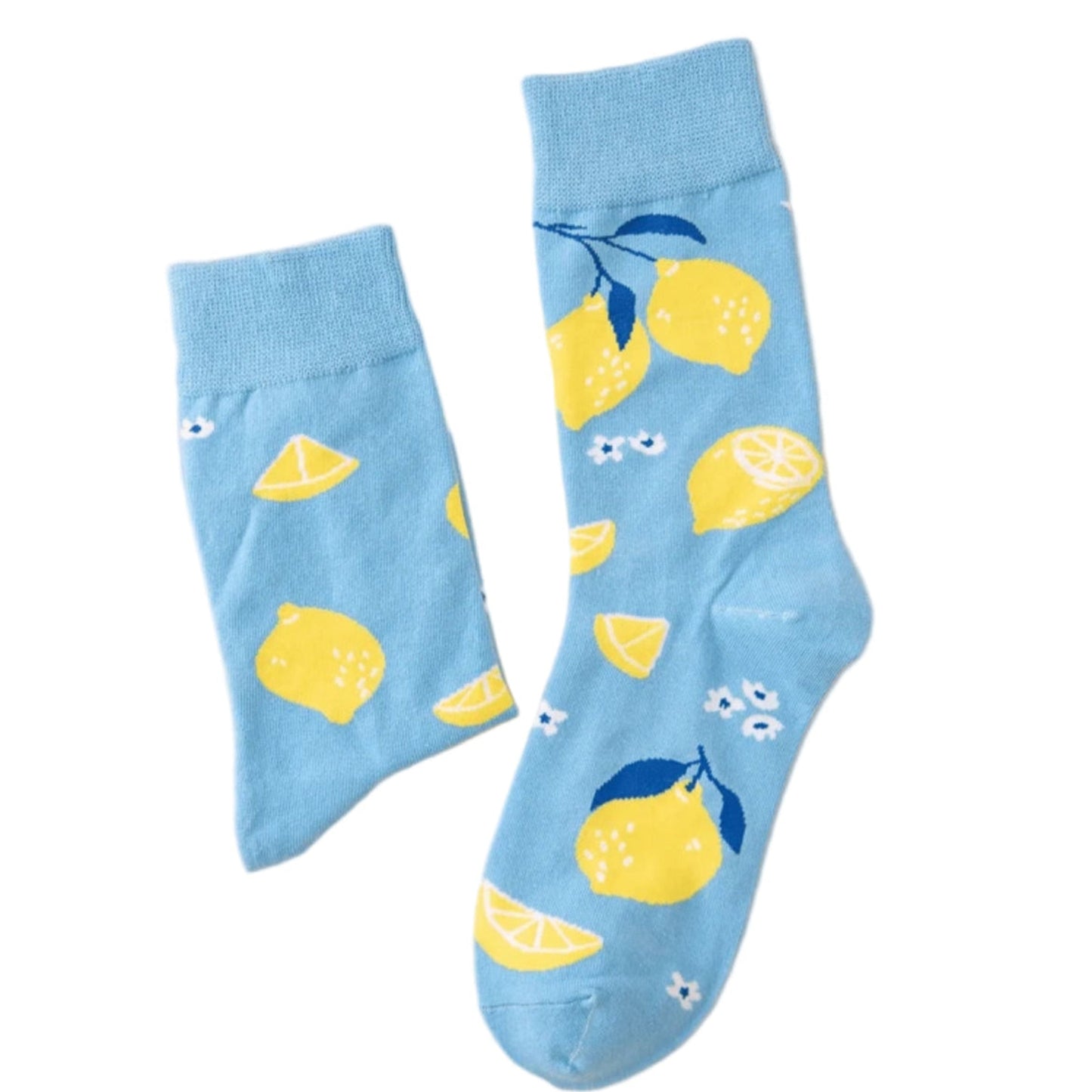 Blue socks with lemon design on a beige background