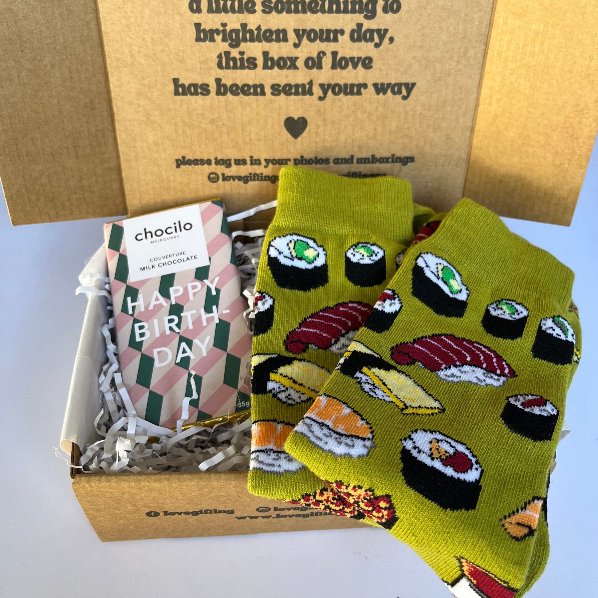 Mens gift box including sushi socks and Happy Birthday Chocolate
