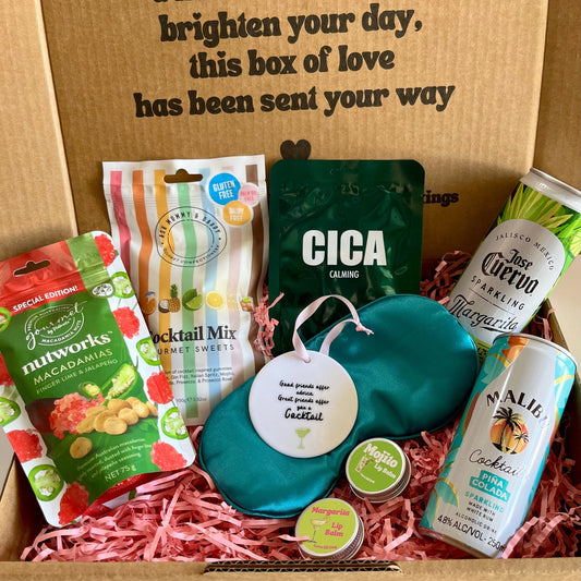 Gifting box with snacks, cocktail cans, nuts , lollies , Lapcos face mask and lipbalm