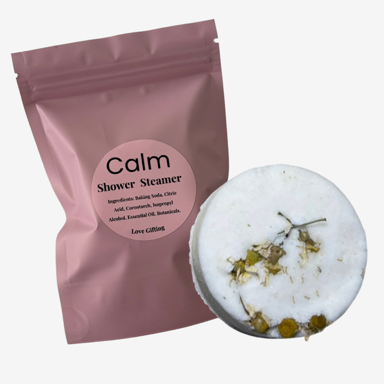 Calm aromatherapy shower steamer in pink packaging by Love Gifting Australia.