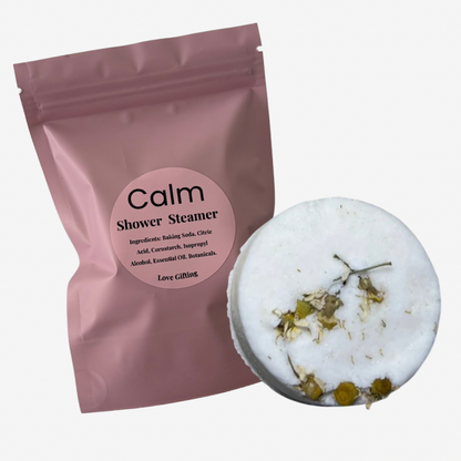 Calm aromatherapy shower steamer in pink packaging by Love Gifting Australia.