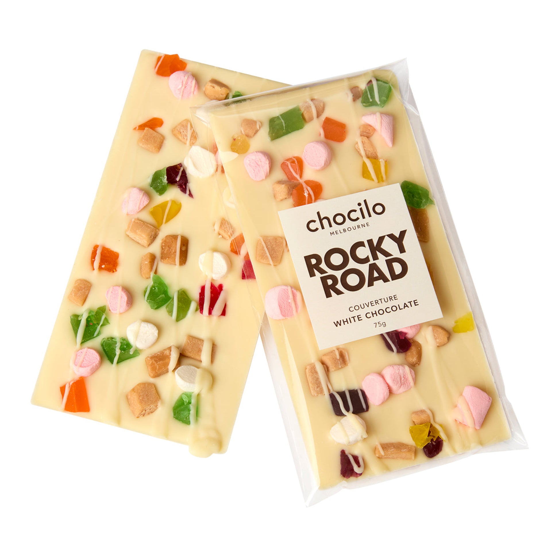 White chocolate rocky road bar with visible candies and 'chocolito' packaging on a white background