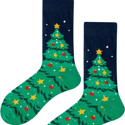 Green socks with Christmas tree design on a blue background