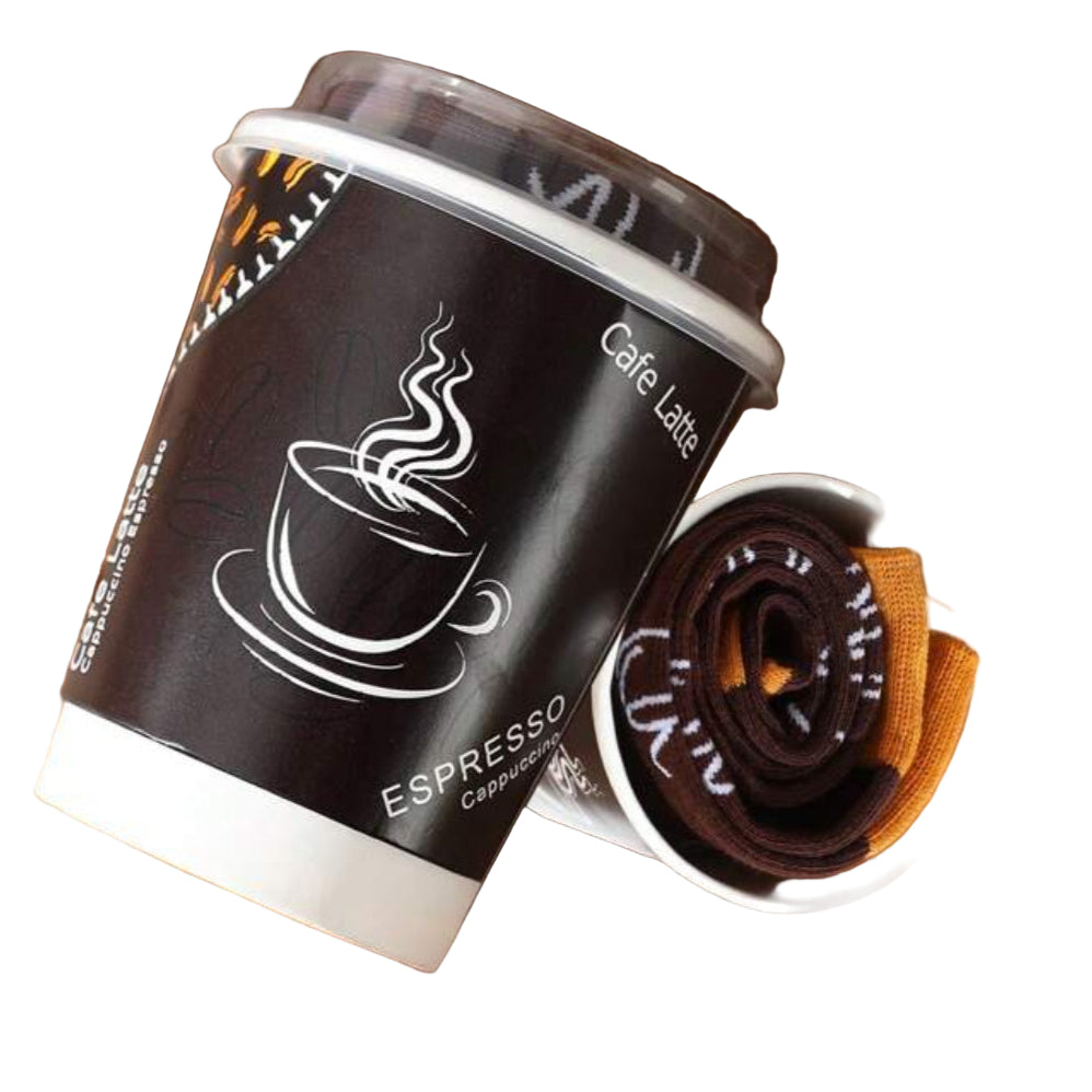 Coffee-themed socks with a coffee cup design and text on a brown background