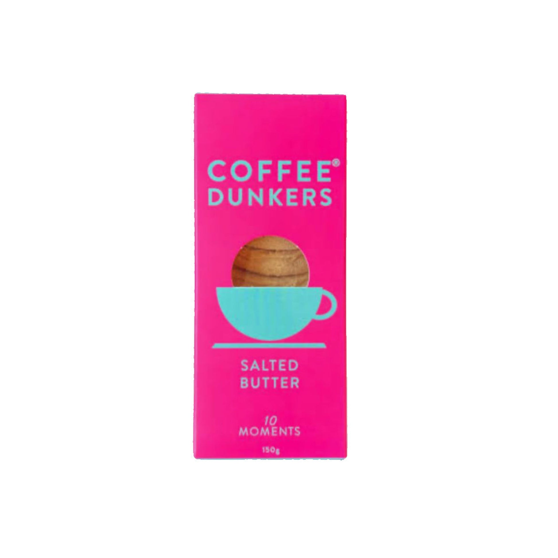 Pink packaging of Coffee Dunkers Salted Butter on a white background