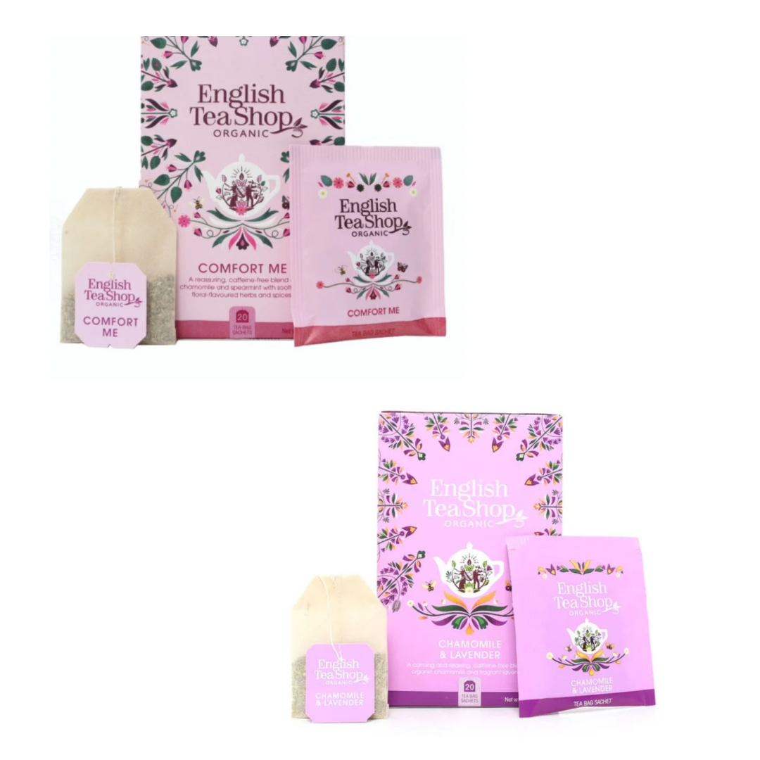 English Tea Shop packaging with tea bags and a jar on a white background