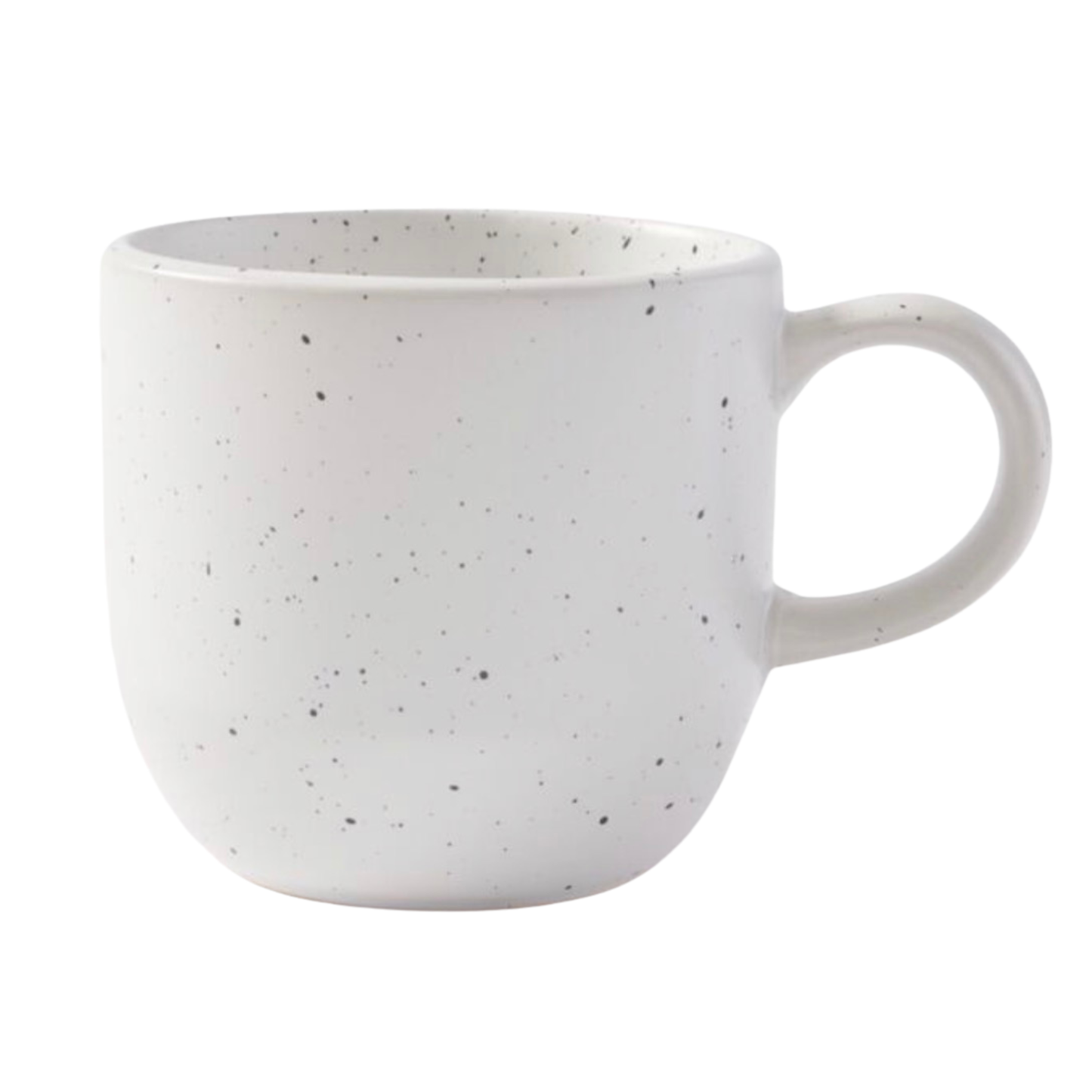 A  cream ceramic cuddle mug with a rounded shape and a C-shaped handle, decorated with small black speckles, shown against a plain white background.