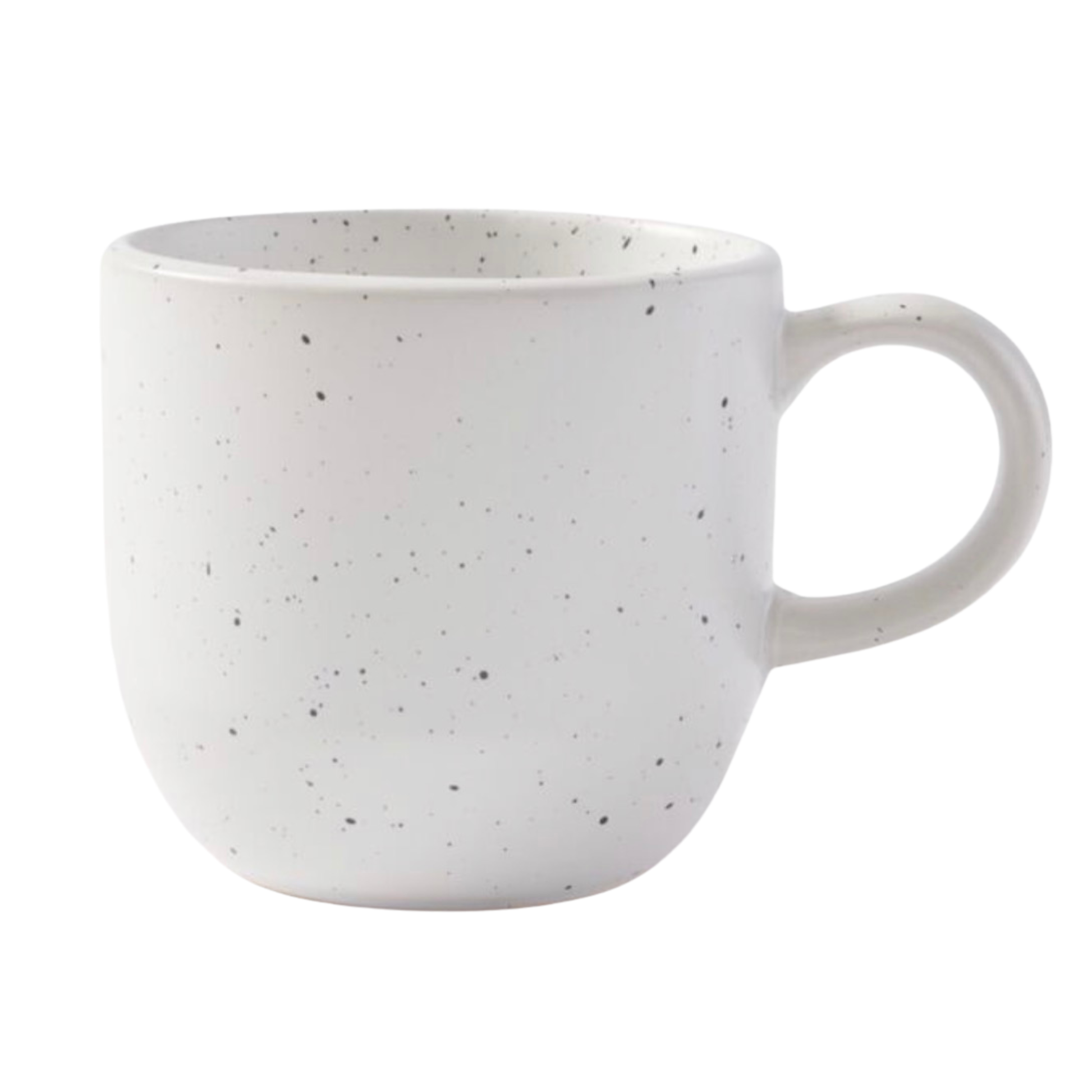 A  cream ceramic cuddle mug with a rounded shape and a C-shaped handle, decorated with small black speckles, shown against a plain white background.