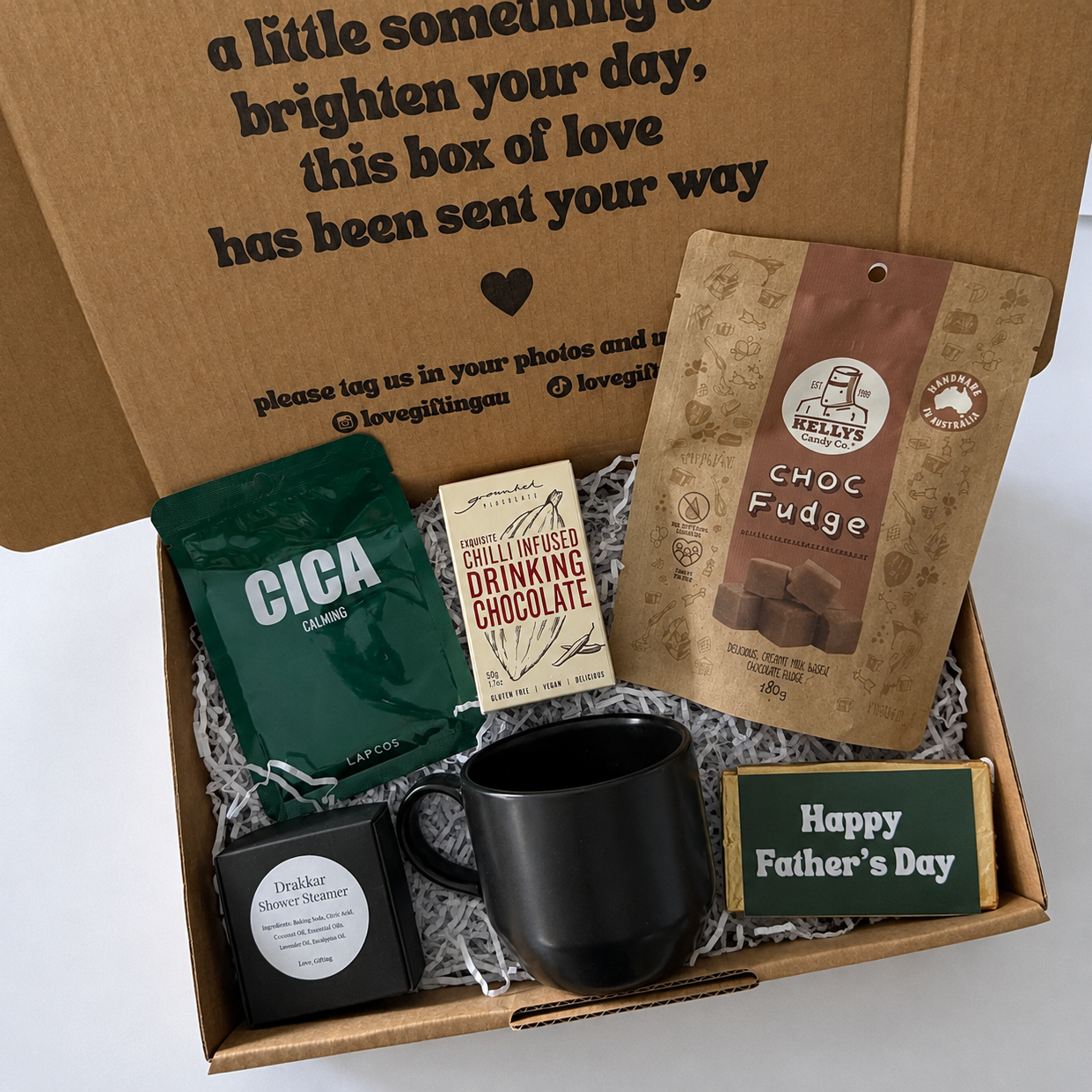 fathers day gift including hot chocolate, cup , fudge, shower steamer, facemask