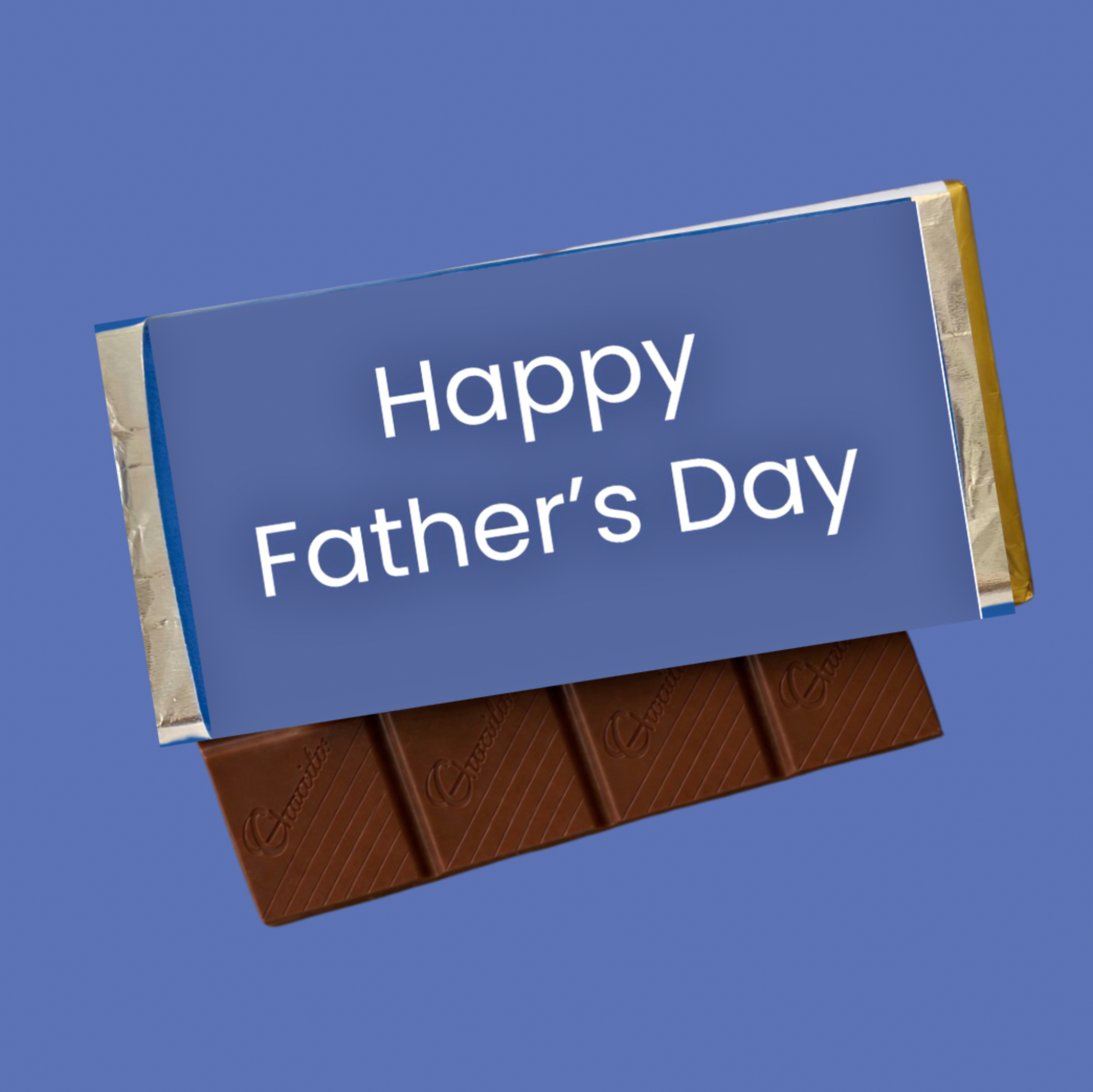 A chocolate bar wrapped in a blue wrapper with the text 'Happy Father's Day' in white, shown floating against a solid blue background. The chocolate bar itself is brown and segmented.