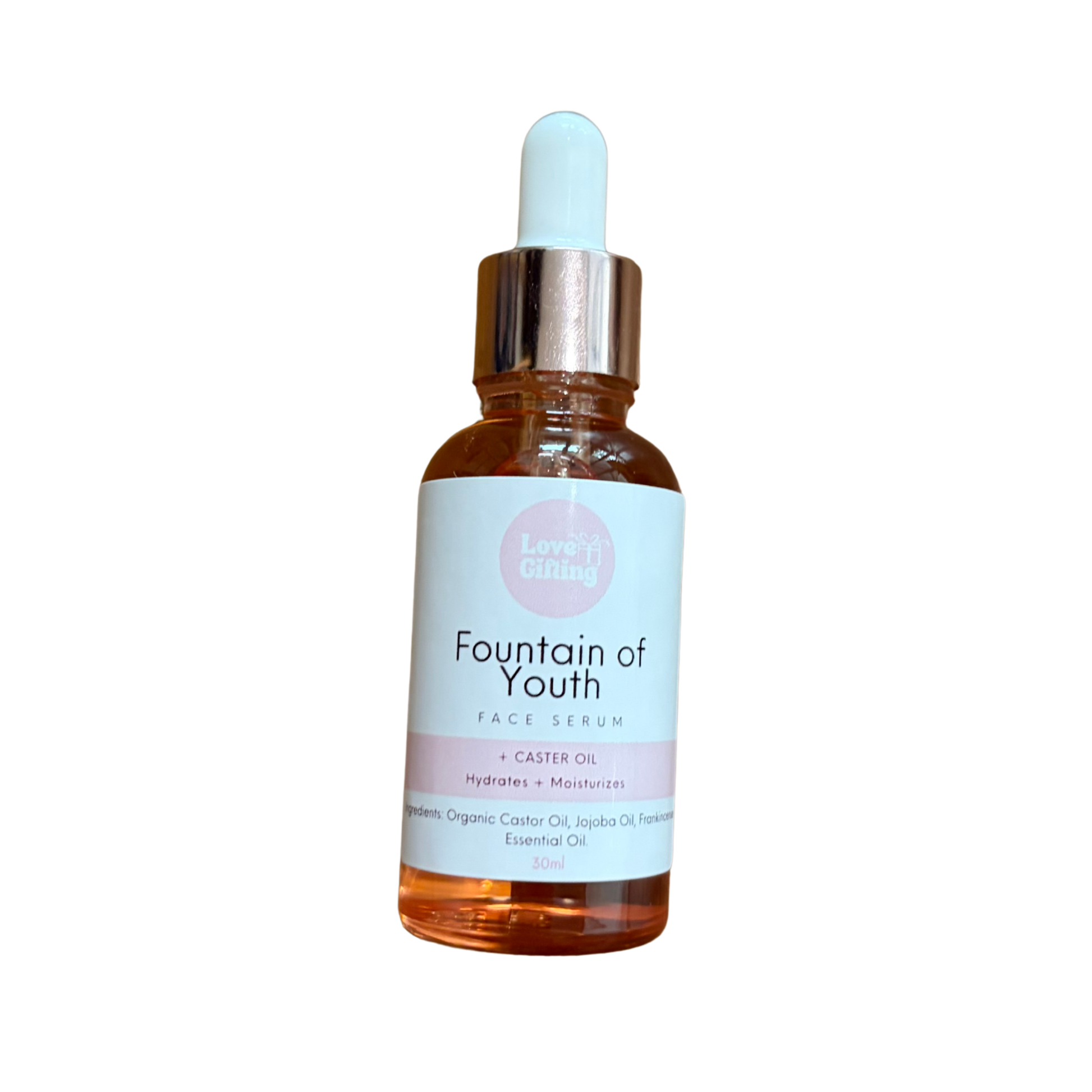 Bottle of 'Fountain of Youth' face serum with a dropper on a white background