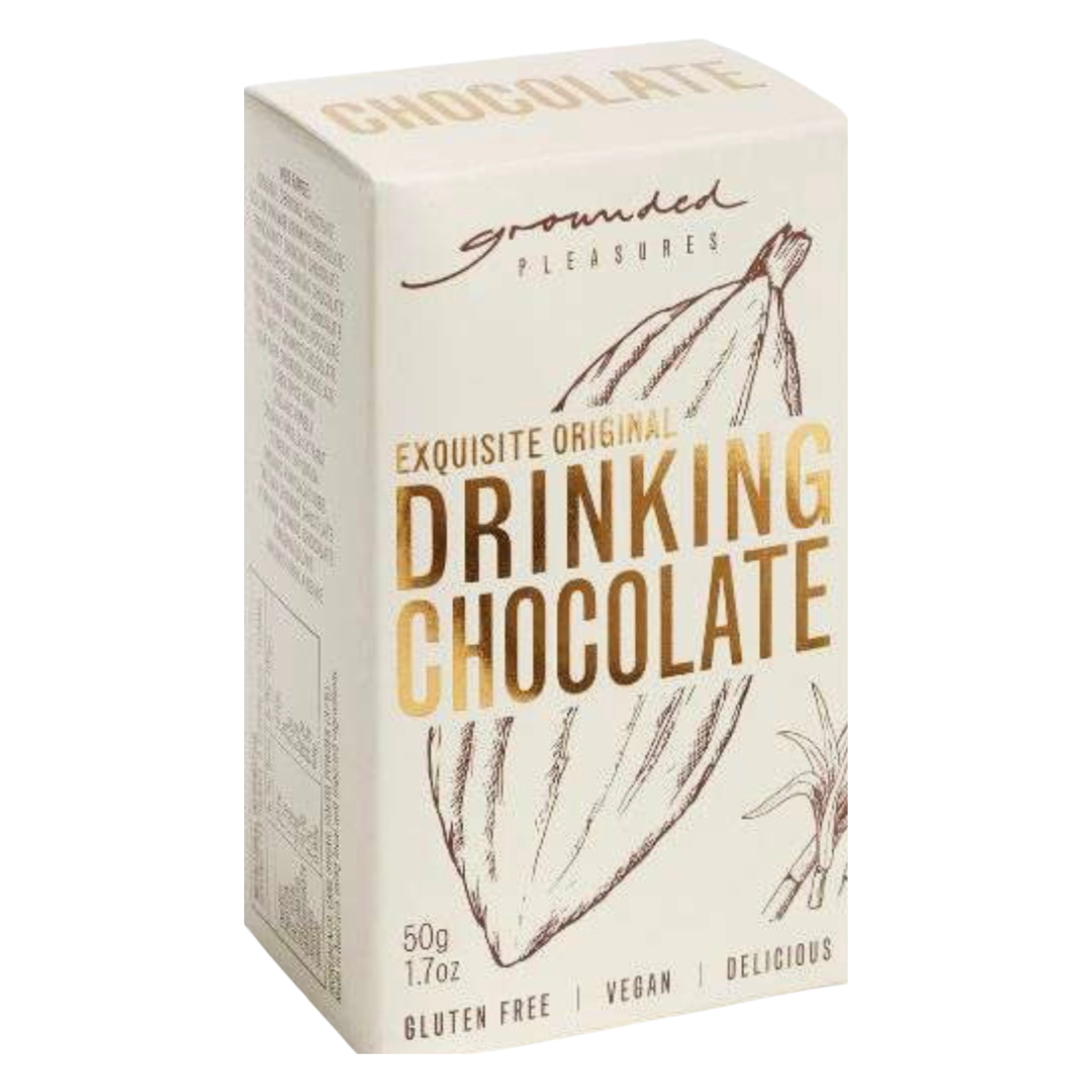 A box of Grounded Pleasures Exquisite Original Drinking Chocolate, 50g (1.7oz), shown on a plain white background.